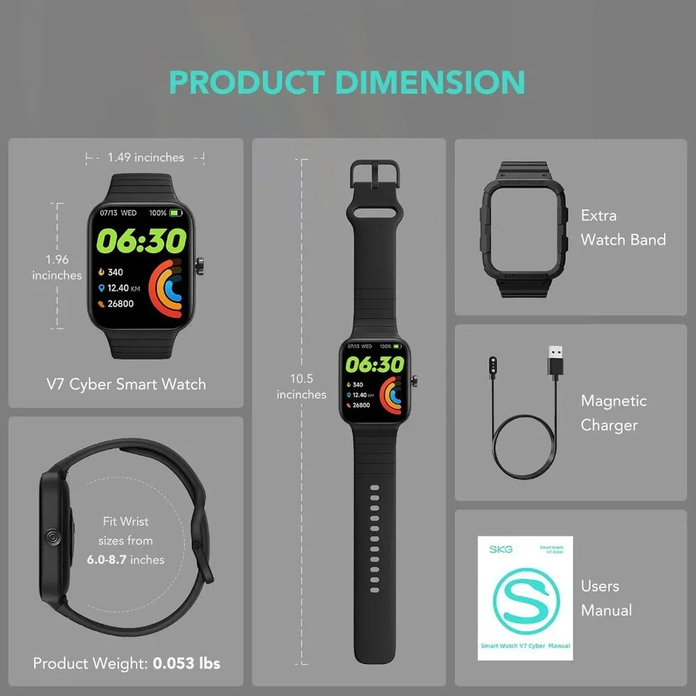 SKG V7 Cyber Black Smart Watch 1.8 in Fitness Tracker iOS Android Alexa Built-in